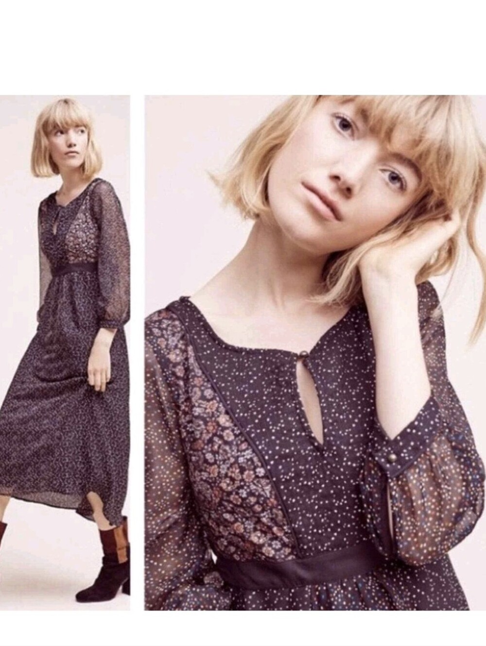 Anthropologie Black Floral-Print Midi Dress L